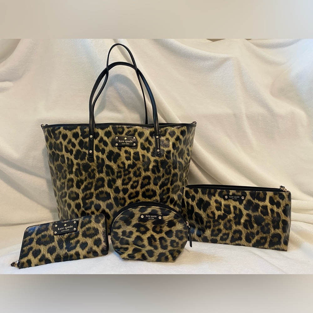 *RETIRED* KATE SPADE Leopard Print Cedar Street Vinyl Tote 4 Piece Set